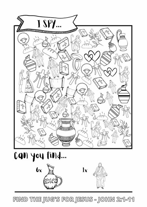 Bible themed i-SPY Printable Activity Sheets | PDF Download - Free Bible Worksheets Church Activity Sheets, Jesus Turns Water Into Wine, Sunday School Activity Sheets, Bible Activity Sheets, Sunday School Worksheets, Catholic Kids Activities, Printable Bible Activities, Bible Study Activities, Kids Church Activities