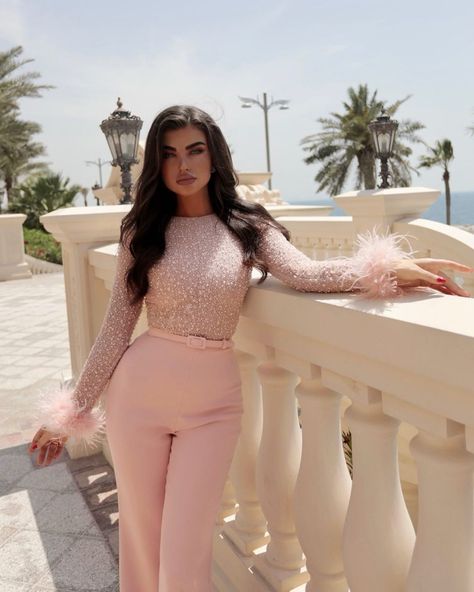 NADINE MERABI’s Instagram photo: “Spring break 💕 // @nika_marianaaa wearing the Amelia Pink Jumpsuit #NADINEMERABI #MERABIjumpsuit” Nadine Merabi Jumpsuit, Pink Jumpsuit Outfit Classy, Pearl Jumpsuit, Fur Bracelet, Hand Sleeves, Nadine Merabi, Bracelet Arm, Feather Cuff, Jumpsuit Long Sleeve