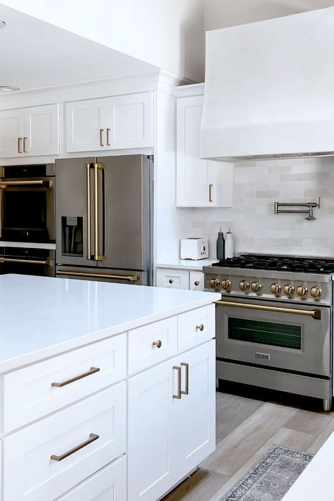 Stainless And Gold Appliances, All White Appliances In Kitchen, White Kitchen With Stainless Steel Hood, Zline Appliances In Kitchen, Zline Autograph Edition In Kitchen, Z Line Appliances, White Kitchen With Stainless Appliances, White Gold Kitchen Ideas, White Kitchen Stainless Appliances