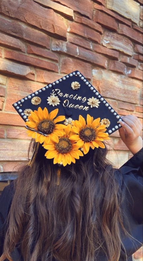 Mamma Mia, Graduate, Graduation Cap, Sunflowers, Highschool, Highschool graduation, dancing queen, Donna, abba, ABBA, dancer, summer Grad Cap Ideas Mamma Mia, Graduation Cap Designs 70s, Dance Graduation Cap, Graduation Cap Designs Yellow, Abba Graduation Cap, Mama Mia Graduation Cap, Sunflower Graduation Cap, Mamma Mia Graduation Cap, Graduation Cap Designs Dance