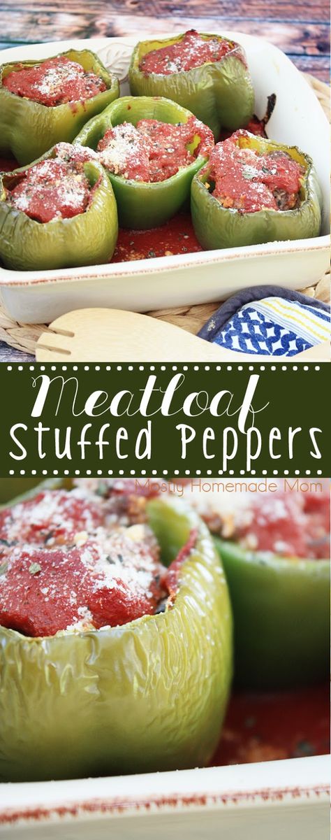 Meatloaf Stuffed Peppers - the perfect favorite dinner recipe mashup! If your family loves stuffed peppers and meatloaf, they'll go crazy for this dinner idea! Stuffed Pepper Meatloaf, Meatball Stuffed Peppers, Meatloaf Stuffed Peppers, Meatloaf Stuffed, Chicken Cornbread, Delicious Meatloaf, Stuffed Pepper Casserole, Pepper Recipe, Favorite Dinner