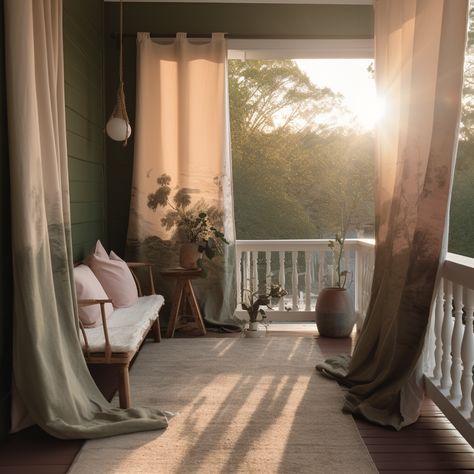 Golden hour, outdoor curtains, front porch, cozy seating, natural wooden furniture, woven rug, subdued colors Front Porch Vibes, Curtains On Front Porch, Porch With Curtains, Bohemian Front Porch, Front Porch Curtains, Verandah Ideas, Outside Curtains, Curtains Bohemian, Large Porch