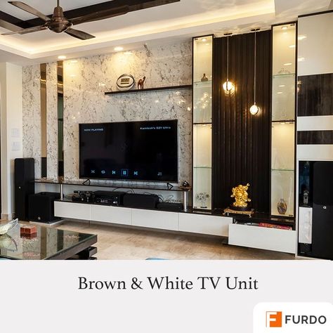 Get your home designed by Furdo! Profile Shutter, Wooden Rafters, Marble Laminate, White Tv Unit, Minimalist Storage, Decorative Lamps, Tv Room Design, White Tv, Tv Wall Unit