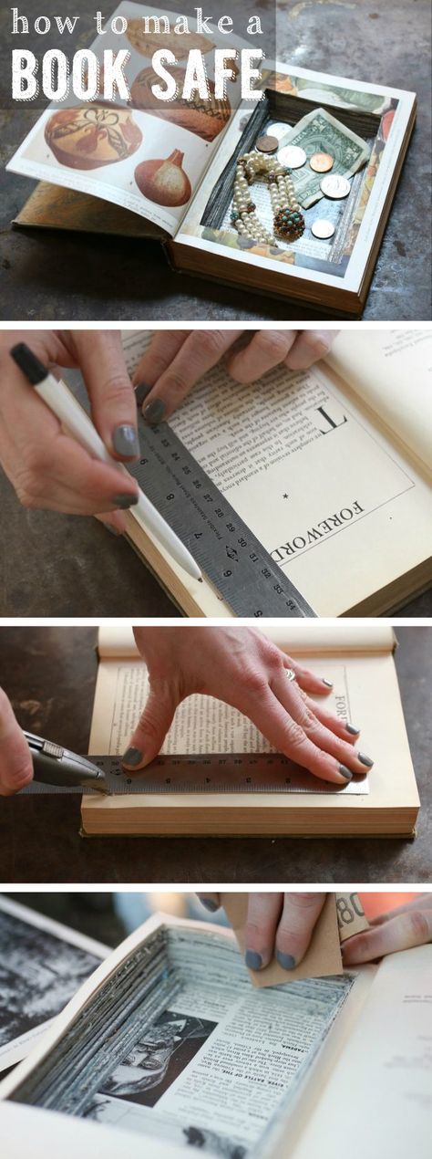 Yes! A book safe is such a fun project and adds a whole other level of cool to your bookcase. Keep all your trinkets and valuables out, in plain sight without anyone knowing they are there! DIY instructions here: http://www.ehow.com/how_2087584_make-book-safe.html?utm_source=pinterest.com&utm_medium=referral&utm_content=inline&utm_campaign=fanpage Diy Old Books, Hantverk Diy, Hidden Safe, Old Book Crafts, Decorating Bookshelves, Book Safe, Old Book, How To Turn, Diy Projects To Try