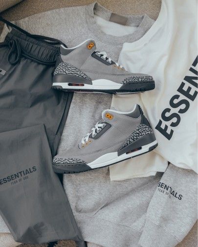 Cool Grey Jordan 3 sneakers to go with FEAR OF GOD ESSENTIALS heather grey sweatshirt, silver grey reflective pants, and a boxy white tee... #LTKmens Grey Jordan 3 Outfit, Jordan 3 Cool Grey Outfit, Jordan 3 Outfit Men, Grey Jordans Outfit, Jordan 3 Cool Grey, Jordan 4 Outfits, Jordan 3 Outfit, Yg Rapper, Black Teens Fashion