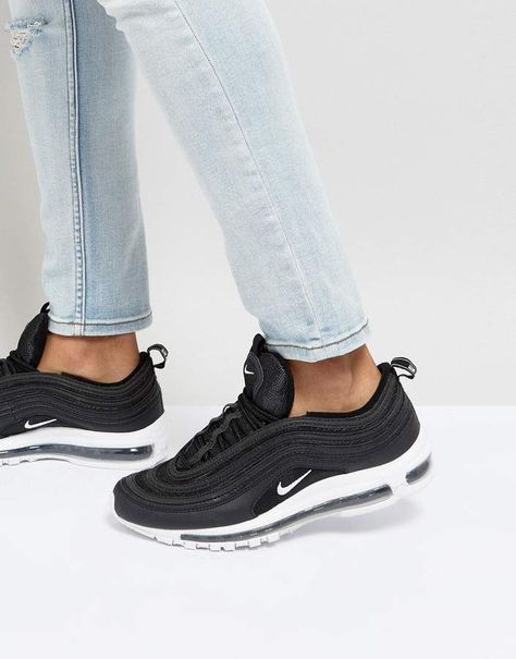 Nike Air Max 97 Trainers In Black 921826-001 Airmax 97 Black, Air Max 97 Outfit, Shoes Pics, Nike 97, Nike Airmax 97, Black Nike Air Max, Nike Trainers, Sneakers Addict, Cute Nikes