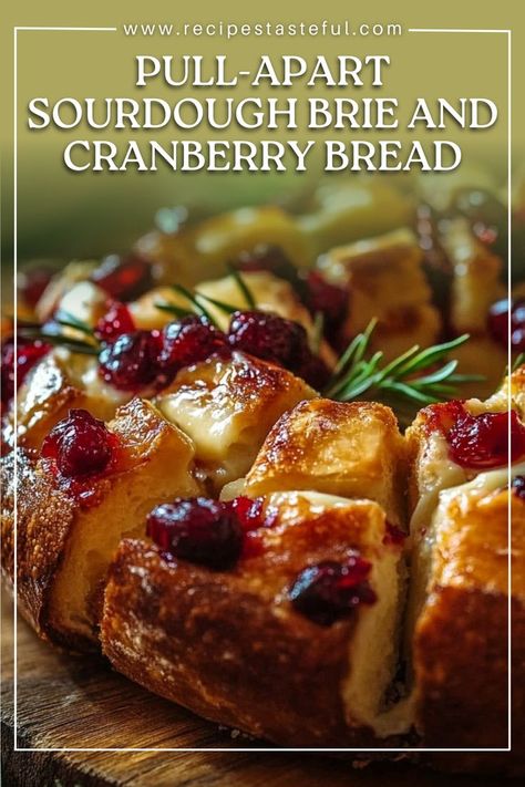 This Pull-Apart Sourdough Brie and Cranberry Bread is a warm, gooey appetizer perfect for gatherings. With a crusty sourdough loaf filled with creamy brie and tart cranberry sauce, it’s a crowd-pleaser that combines savory and sweet flavors. Pull Apart Bread Appetizer, Thanksgiving Bread Recipes, Brie And Cranberry, Savory Butter, Cranberry Appetizer, Brie Recipes Appetizers, Cheesy Pull Apart Bread, Thanksgiving Bread, Brie Cranberry