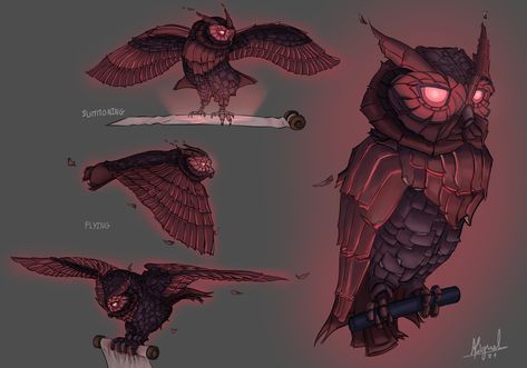 Owl Demon Character Design, Owl Familiar Art, Dnd Owl Familiar Art, Fantasy Familiar Concept Art, Owl Familiar Dnd, Raven Familiar Dnd Art, Owl Monster Concept Art, Owl Character Art, Familiar Concept Art