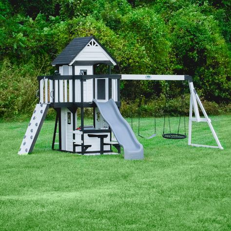 PRICES MAY VARY. Upper Clubhouse With Two Balconies 2 Belt Swings And A Web Swing 5Ft. Rockwall And Flat Step Entry Ladder Lower Clubhouse With Grill And Accessories 8Ft Wave Slide Picnic Table With Benches Steering Wheel, Telescope, And Chalkboard Stain Color May Vary Easy Assembly – Supported By The Step-By-Step Interactive Bilt App 5 Year Limited Warranty Food Picnic, Wooden Playset, Wooden Swing, Rock Climbing Wall, Wooden Swings, Backyard Playground, Climbing Wall, Backyard Fun, Cedar Wood