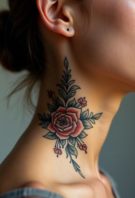 Neck Tattoo Ideas & Inspiration - Artful Ink Women's Neck Tattoo Design, Women’s Neck Tattoo, Pretty Neck Tattoos, Pretty Neck Tattoos Women, Neck Tattoo Design, Tattoos In The Workplace, Nose Tattoo, Pretty Neck, Neck Tattoo Ideas