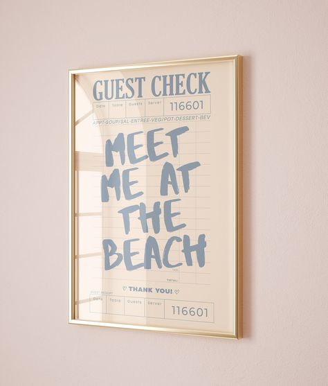 Meet Me at the Beach Guest Check Print Trendy Coastal Wall Art Blue Typography Poster Beach House Decor Ocean Wall Art Girly Aesthetic Decor - Etsy Beachy Aesthetic Home Decor, Beach Themed Posters, Ocean Cottage Decor, Coastal Apartment Bathroom, Fun Beach House Decor, Coastal Grandma Wall Decor, Room Ideas Aesthetic Coastal, Coastal Prints Home Decor, Subtle Beach Decor