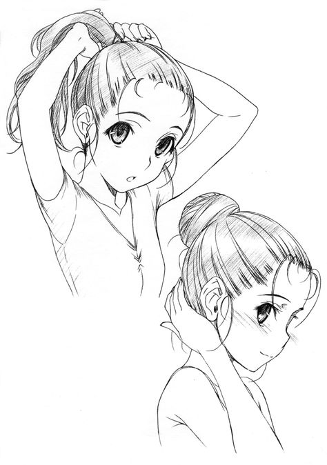 Anime Hair Bun, Tying Hair Pose Reference, Hair Bun Drawing, Anime Ballet, Ballerina Outfit, Manga Hair, Moe Anime, Hair Buns, Anime Wolf