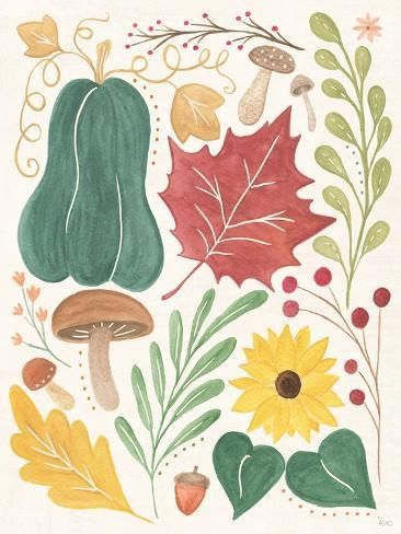 size: 12x9in Art Print: Mod Harvest II by Veronique Charron : Retro Fall Illustration, Autumn Glass Painting, Cute Fall Art, Farmers Market Art, Fall Illustrations, Watercolor Whimsy, Harvest Art, Wc Ideas, Art Booth