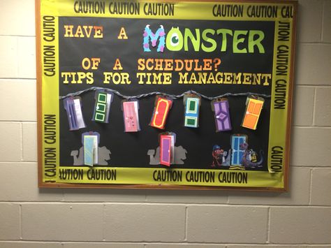 Have a monster of a schedule Ra bulletin board about time management with doors that open with tips inside Time Management Board, Time Management Ra Bulletin Board, Disney Ra Bulletin Boards, Time Management Bulletin Board, Monsters Inc Bulletin Board, Meet Your Ra Bulletin Board, Residence Life Bulletin Boards, Dorm Bulletin Boards, Ra Decorations