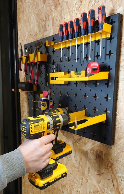 Garage Aesthetic, Tool Wall Storage, Tool Wall, Metal Manufacturing, Porch Bar, Metal Pegboard, Tool Hangers, Drill Bit Holder, Garage Storage Solutions