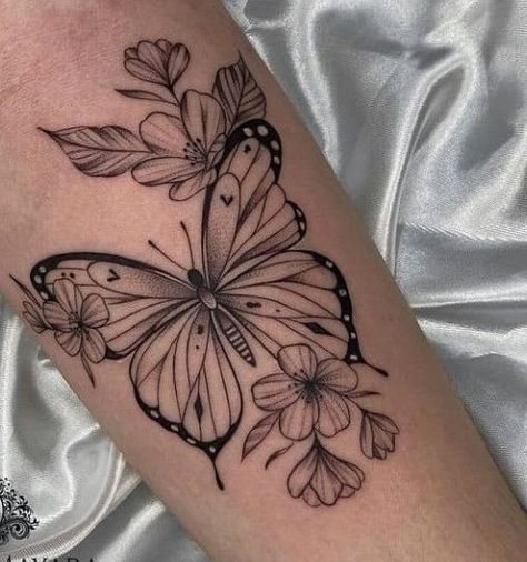 Butterfly With Flowers Tattoo, Butterfly Tattoos On Arm, Unique Butterfly Tattoos, Girl Arm Tattoos, Hand Tattoos For Girls, Flower Wrist Tattoos, Butterfly Tattoos For Women, Butterfly And Flower, Forearm Tattoo Women