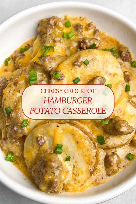 You’ll love this hearty and comforting cheesy crockpot Hamburger Potato Casserole. It’s loaded with Italian sausage, ground beef, and tender potatoes all smothered in a creamy cheesy sauce. This dinner is easily made in a slow cooker so you can set-it-and-forget-it.  #CrockpotRecipes #CheesyCasserole #FamilyDinner #EasyRecipes #ComfortFood #PotatoCasserole #ItalianSausage Hamburger Meat Crockpot Recipes, Ground Beef In Crockpot, Hamburger Crockpot Recipes, Ground Beef Crockpot Recipes, Hamburger Potato Casserole, Hamburger And Potatoes, Batch Baking, How To Make Hamburgers, Cheesy Casserole