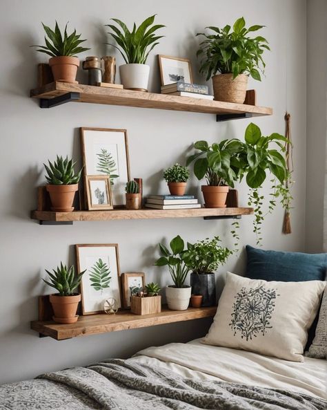 Floating Shelves Plants Bedroom, Living Wall Bedroom, Plants Over Bed, Boho Wall Shelves, Earthy Bedrooms, Boho Inspired Bedroom, Plant Rooms, Boho Shelf Decor, Bedroom Wall Decor Ideas