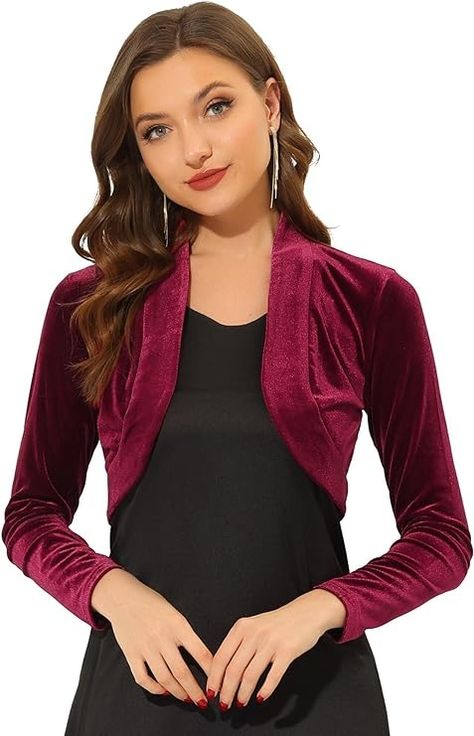 Allegra K Women's Long Sleeve Velvet Shrug Cocktail Party Open Front Cropped Bolero Cardigan Top Medium Champagne at Amazon Women’s Clothing store Jumpsuit Winter Outfit, Velvet Shrug, Velvet Bolero, Long Sleeve Shrug, Shrug For Dresses, Party Jackets, Bolero Cardigan, Formal Jumpsuit, Bolero Shrug