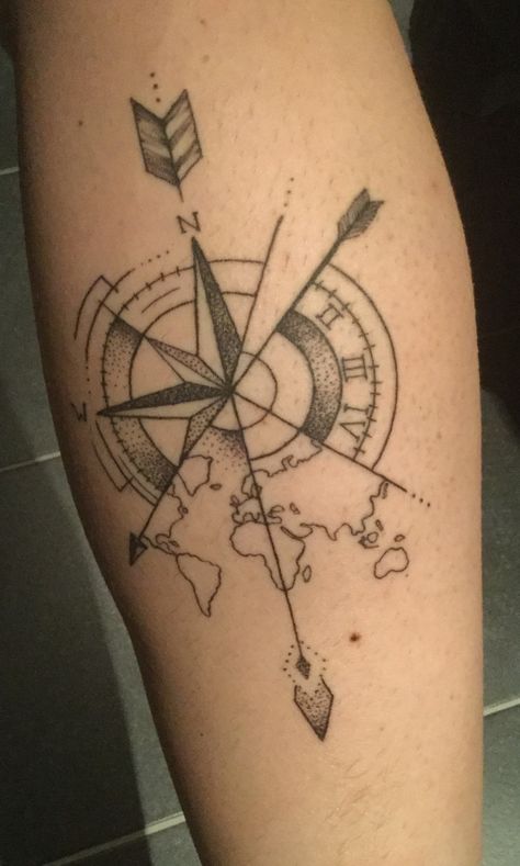 Arrow - Compass - Clock - Map Tattoo Compass Clock Tattoo Design, Genuine Tattoo, Jamie Tattoo, Arrow Tattoo Meaning, Compas Tattoo, Tattoos Meaning Strength, Geometric Compass Tattoo, Geometric Compass, Meaning Of Arrow Tattoo