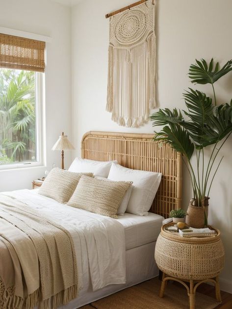 Transform your bedroom into a summer oasis by incorporating trendy decor elements. Hang a macrame tapestry as a focal point and complement it with a rattan chair and tropical-themed bedding for a laid-back, boho aesthetic. Surf Room Decor, Rattan Bedroom, Room Organization Bedroom, Tropical Interior, Summer Bedroom, Tropical Bedrooms, Macrame Tapestry, Cozy Living Spaces, Decor Elements