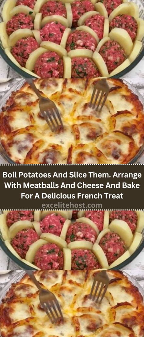 Boiled Potatoes With Meatballs And Cheese, Meatballs With Potatoes And Cheese, Boiled Potatoes And Meatballs, French Onion Stuffed Potatoes 12 Tomatoes, French Onion Boulangere Potatoes, Cheesy Oven Baked Meatballs 12 Tomatoes, French Dishes, Boiled Potatoes, Sliced Potatoes