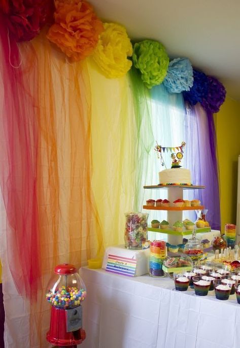 Girl Scout bridging ceremony decorating idea. Rainbow Themed Party, Den Mrtvých, Wiggles Birthday, Trolls Birthday Party, Rainbow Parties, Pony Birthday, Rainbow Wedding, Rainbow Birthday Party, Rainbow Baby Shower