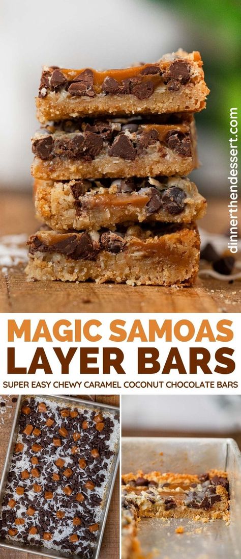 Magic Samoas Bars have all the chewy caramel coconut chocolate cookie goodness you love in Girl Scout Cookies, ready to serve in just 30 minutes! #dessert #cookies #cookiebars #samoas #samoacookies #layerbars #magiclayerbars #dinnerthendessert Samoa Bars Recipe, Layered Bar Cookies, Caramel Coconut Cookies, Samoas Bars, Layer Bars Recipe, Samoa Bars, Samoa Cookies Recipe, Coconut Caramel Cookies, Blondie Recipes