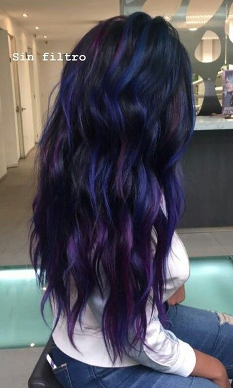 Blue And Purple Bayalage Hair, Dark Blue With Purple Hair, Cool Colored Brown Hair, Hair Colors That Fade Pretty, Mohawk Color Ideas For Women, Split Color Hair Ideas, Plum And Blue Hair, Dimension In Hair, Dark Brown Hair With Colored Ends