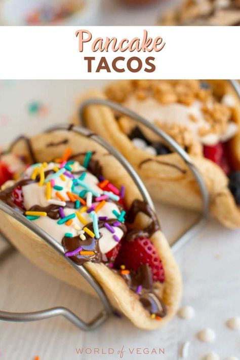 Bored with the same old breakfast routine? Try pancake tacos—fluffy pancakes folded into cute taco shapes, bursting with fresh berries, a drizzle of chocolate, and a dash of whimsy. Your mornings just got a whole lot more fun! https://www.worldofvegan.com/pancake-tacos/ Pancakes Tacos, Pancake Tacos, Tacos Breakfast, Vegan Chicken Recipes, Toppings Bar, Snack Wrap, Fun Breakfast, Breakfast Routine, Banana Breakfast