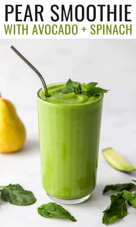 Give your day a nutrition "punch" with this delicious pear smoothie featuring creamy avocado, spinach, coconut water and fresh mint. Vegan and gluten-free. Pear Green Smoothie Recipes, Pear Juice Smoothie, Smoothie With Avocado, Pear Smoothie Recipes, Avocado And Spinach, Protein Shake Ingredients, Bullet Recipes, Gi Diet, Nutri Bullet