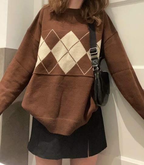 Plaid Skirt Knit Sweater, All Too Well Sweater Sadie Sink, Brown Plaid Sweater Outfit, Taylor Swift Argyle Sweater Outfit, Sadie Sink All Too Well Outfit, All Too Well Outfit, All Too Well Sweater, Evermore Outfit Ideas, Wardrobe Manifestation