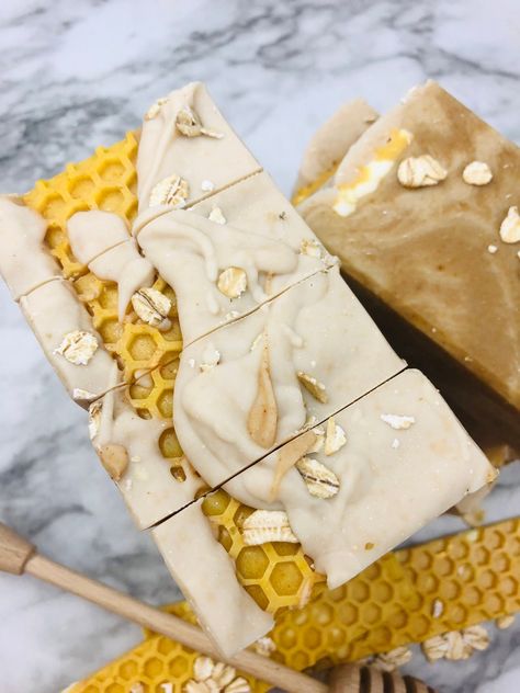 Made with all organic oils and butters, local honey, organic fine ground colloidal oats, and goat milk This is the most luxurious bar you'll ever use!! So creamy and full of skin loving goodness!🥛 🍯 🐝  Scent Description: The perfect blend of oatmeal, milk, honey and almond. Soft and comfortable scent that isn't overpowering. 5oz/140g Ingredients: *Olive Oil, Water, *Coconut Oil, Tallow, *Shea Butter, *Cocoa Butter, Castor Oil, *Turmeric Powder, Goat Milk, Honey, Colloidal Oats, Kaolin Clay, F Oatmeal Milk And Honey Soap, Handmade Soaps Diy, Soap Making Ideas, Soap Packaging Diy, Milk And Honey Soap, Soap Design Ideas, Luxurious Bar, Oatmeal Milk, Handmade Soap Recipes