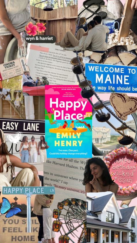 Happy place by Emily Henry #books #happyplace #emilyhenry Emily Henry Books, Happy Place Emily Henry, Emily Henry, Cinema Ticket, Collage Book, Happy Place, Happy Places, Collage, Feelings