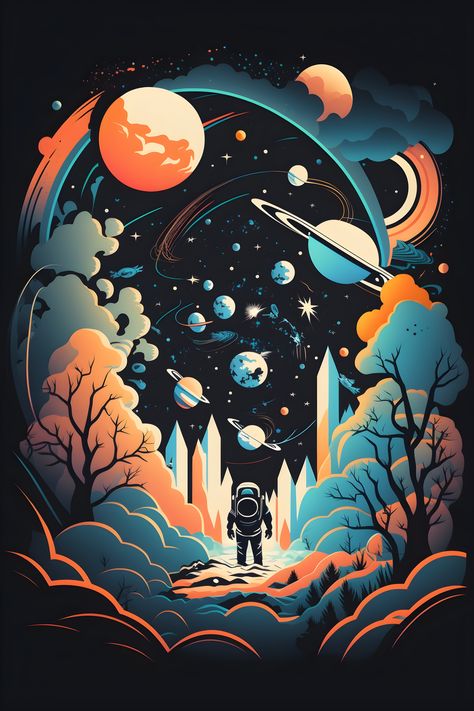 Funky Space Art, Space Graphic Design Illustration, Vector Art Illustration Artworks, Space Vector Art, Space Vector Illustration, Astronaut Aesthetic Art, Planet Drawing Art, Space Illustration Art, Astronomy Painting