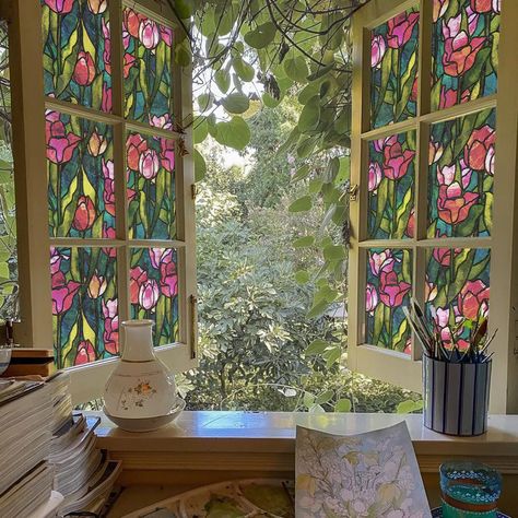 Pretty Stained Glass Windows, Painted Glass Window, House With Stained Glass Window, Stained Glass Film For Windows, Stained Glass Bedroom Window, Stain Glass Windows In Homes, Stained Glass Kitchen Window, Stained Glass Windows In Homes, Window Clings Diy