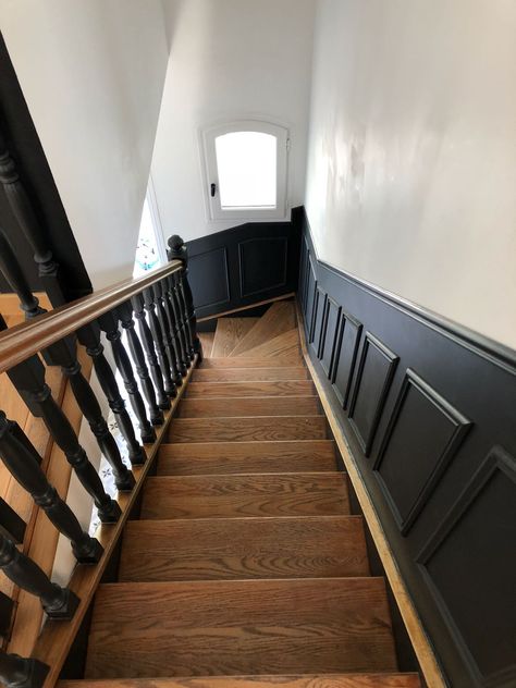 Wood Panelling Stairs, Black Stair Railing, Redo Stairs, Stair Paneling, Stairs Renovation, House Staircase, Staircase Makeover, Hallway Designs, Interior Design Boards