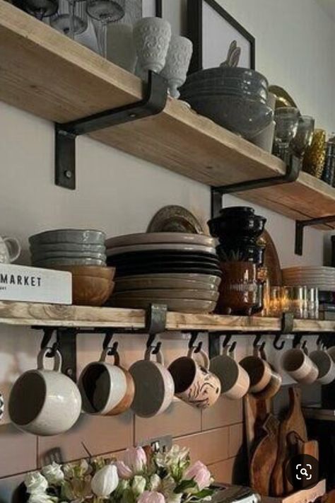 Rustic Kitchen Shelving Ideas, Rustic Kitchen Shelving, Cottage Kitchen Storage, Kitchen Cabinet Alternatives, Rustic Kitchen Shelves, Open Kitchen Cabinets, Farmhouse Kitchen Shelves, Small Farmhouse Kitchen, Barn Kitchen