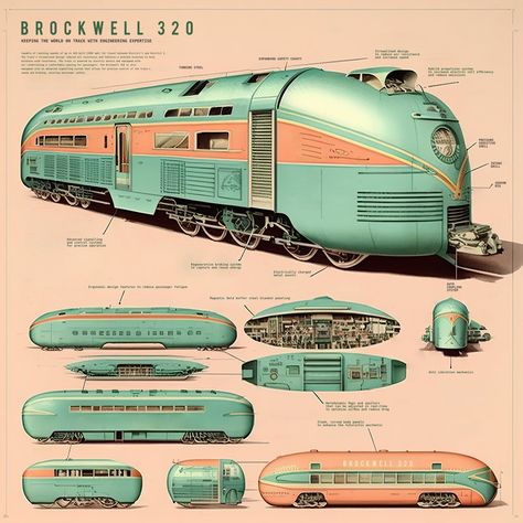 Train Concept Art, Train Blueprint, Nasa Travel Posters, 50s Pictures, Art Deco Car, Train Illustration, Parallel World, Train Design, Train Posters