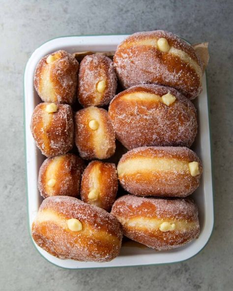 Cream Filled Donuts, Apple Compote, Pastry Cream Filling, Filled Donuts, Apple Cider Donuts, Doughnut Recipe, Buzzard, Vanilla Custard, Pastry Cream