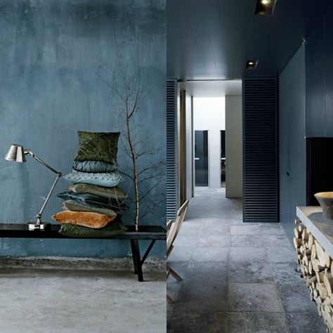 Micro trend | Moody blue walls | Dark Blue Lime Wash Wall, Moody Blue Walls, Blue Walls Interior, Blue Limewash Walls, Blue Wall Interior, Hans Blomquist, Entryway Color, Italian Apartment, Wabi Sabi Interior