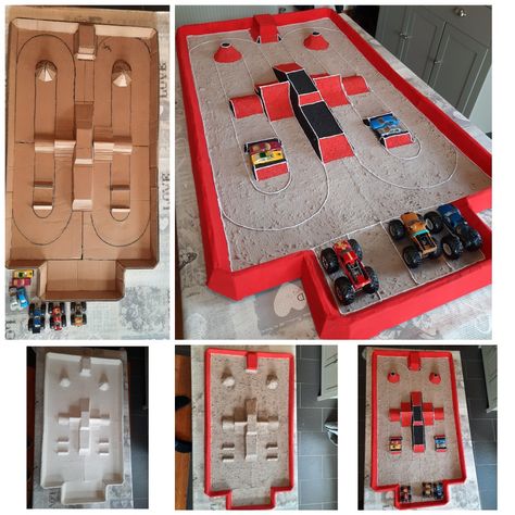 Monster Jam Track Diy, Cardboard Monster Truck Track, Monster Truck Sand Pit Diy, Monster Truck Table Diy, Diy Monster Truck Ramps, Monster Truck Tracks Diy, Diy Monster Truck Arena, Monster Jam Arena, Cardboard Race Track