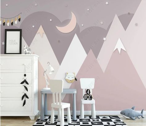 Mountains Nursery, Kindergarten Wallpaper, Room Wall Mural, Mountain Nursery, Silk Wallpaper, Wall Art Lighting, Mountain Wallpaper, Mountain Wall, Kids Room Wallpaper