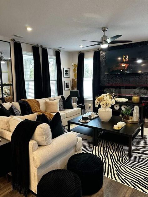 Black Cream Living Room Decor, Grey Black And Gold Living Room Ideas, Grown Woman Living Room Ideas, All Black Living Room Ideas Apartments, Cream Black And Gold Living Room Ideas, Black White Gold Living Room Decor, Cream And Gold Living Room Ideas, Large Living Room Decor Ideas, Black Cream And Gold Living Room