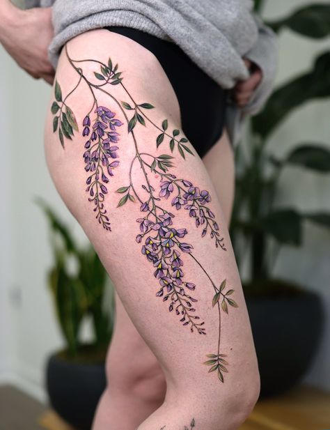 Wisteria Tattoo, Spine Tattoo, Thank You For Coming, Drawing Reference Poses, Leg Tattoos, Wisteria, Flower Tattoos, Tattoos And Piercings, Drawing Reference