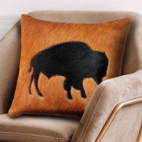 Cowhide Black Bison Pillow - Medium Bison Pillow, Buffalo Design, Western Blankets, Western Pillows, American Buffalo, Brindle Cowhide, Blankets And Pillows, Cowhide Pillows, Western Furniture