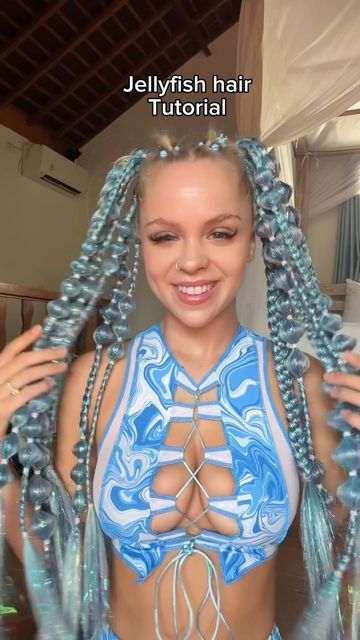 Festival & Rave Clothing on Instagram: "Jellyfish rave hair tutorial 💙🥹 I know you have been waiting for this oneeee #rave #ravehairtutorial #ravehair #festivalhair #hairtutorial #festival #ravebraids" Rave Pigtails, Mermaid Hair Tutorial, Rave Braids Festival Hair, Festival Hair Tutorial, Rave Braids, Festival Braids, Rave Hair, Bubble Braids, Rave Clothing