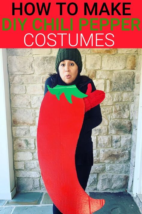 Looking for a last-minute DIY Halloween costume? Check out how to make this punny Chili Pepper costume in a few simple steps! School friendly and an original costume idea! #DIYCostumes #punny Chili Pepper Costume, Original Costume Ideas, Scuba Diver Costume, Stick Figure Costume, Punny Costumes, Green Winter Hat, Funny Candy, Chile Jalapeño, Easy Diy Costumes