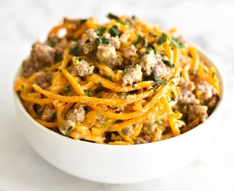 Creamy Butternut Squash Noodles with Sausage and Basil — Foodborne Wellness Noodles With Sausage, Butternut Squash Noodles, Butternut Squash Noodle, Creamy Butternut Squash, Squash Noodles, Parmesan Cream Sauce, Paleo Recipe, Basil Sauce, Butternut Squash Recipes