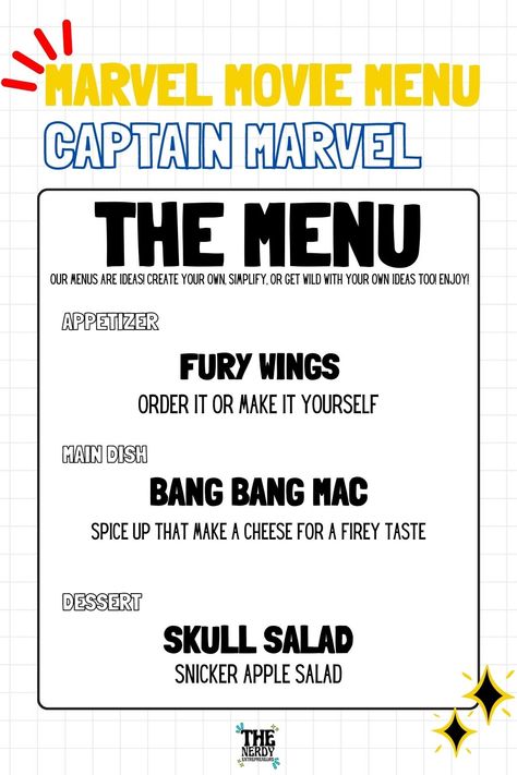 Marvel Movie Night, Friday Recipes, Movie Dinner, Snicker Apple Salad, Disney Movie Night Dinner, Movie Night Dinner, Disney Dishes, Marvel Party, Your Next Movie